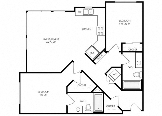 Floor plan for 2 beds, 2 baths, 1033 sqft